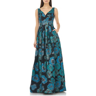 Carmen Marc Valvo Infusion Organza Jacquard Pleated Ballgown, Blue/green