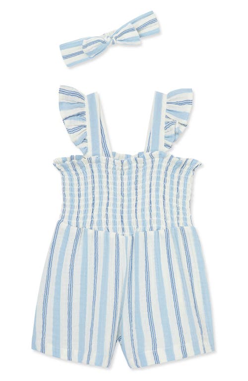 Little Me Stripe Smocked Cotton Gauze Romper & Head Wrap Set Blue at Nordstrom,