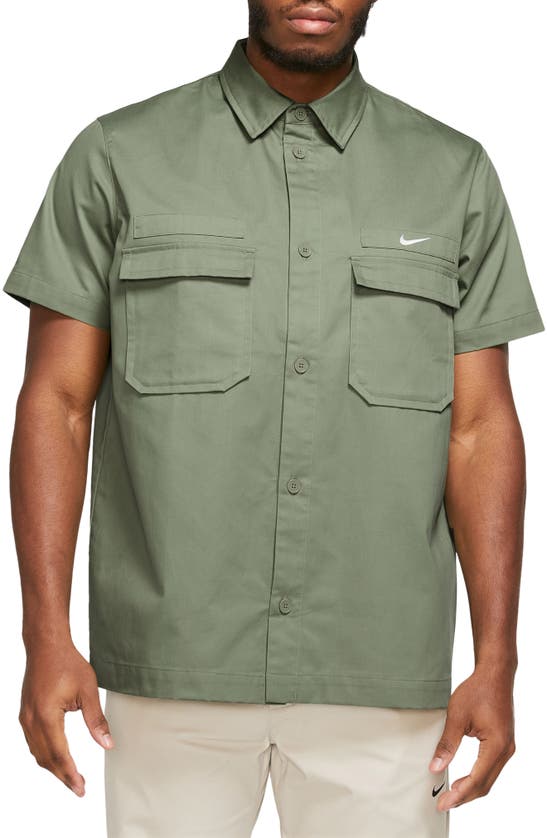 Nike Woven Military Short-sleeve Button-down Shirt In Oil Green/ White