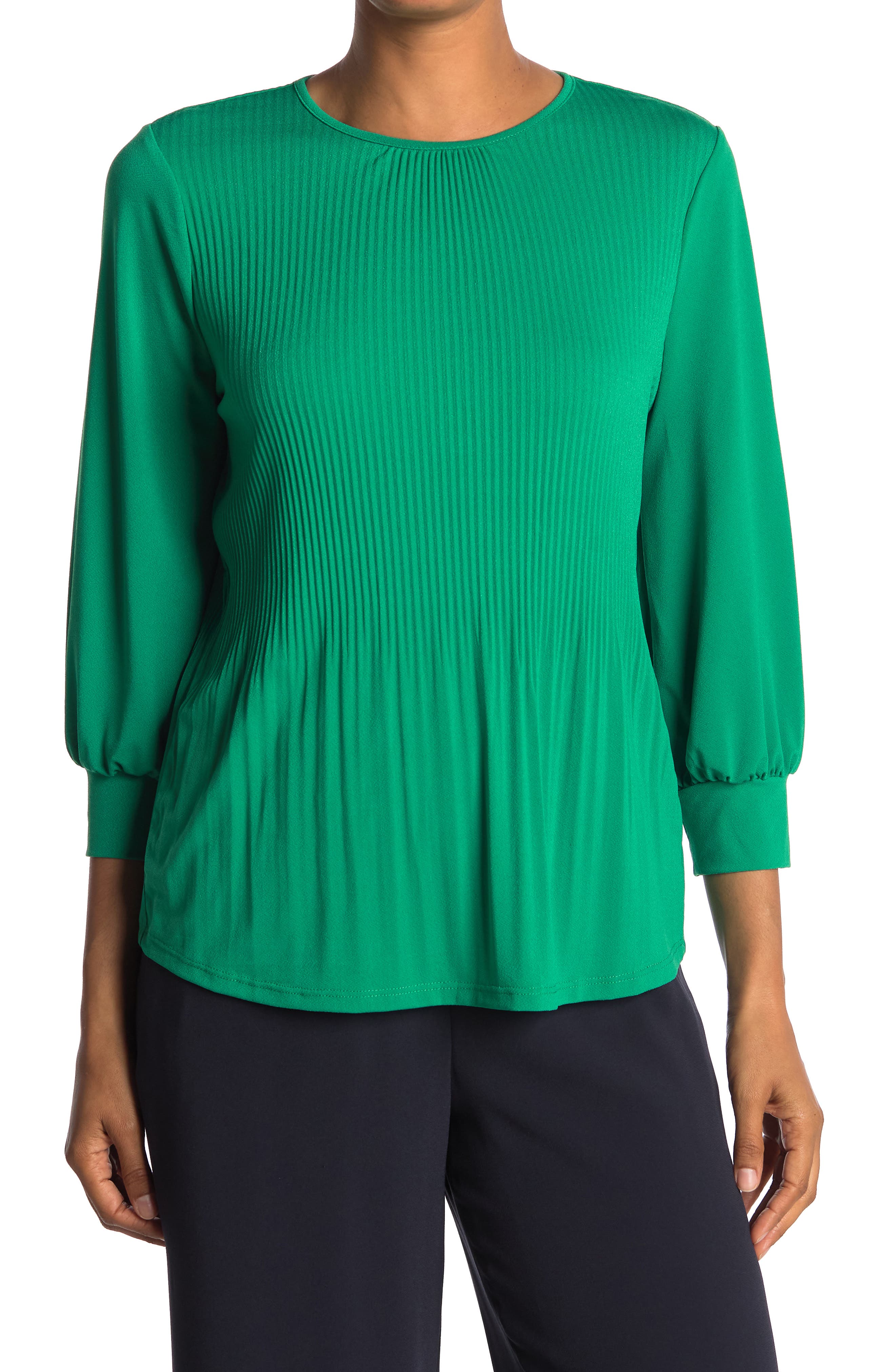 Adrianna Papell Solid Moss Crepe Pleated Top In Emerald