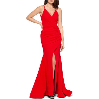 Betsy & Adam Front Slit Trumpet Gown, Red