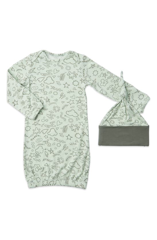 Shop Baby Grey By Everly Grey Stripe Gown & Hat Set In Sage Doodle
