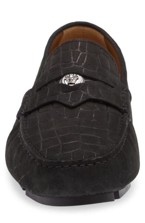 Shop Versace Croc Embossed Coin Penny Driving Loafer In Black-ruthenium