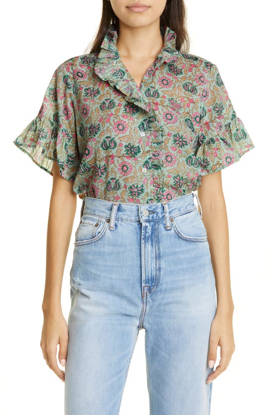 Mille Vanessa Ruffle Detail Cotton Blouse In Caribbean Floral