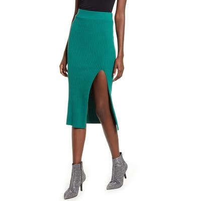 Leith Ribbed Side Slit Knit Skirt, Green