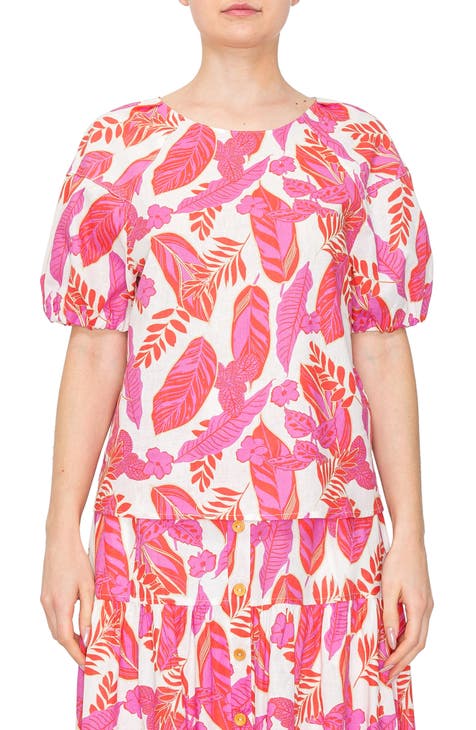 Tropical Print Puff Sleeve Top