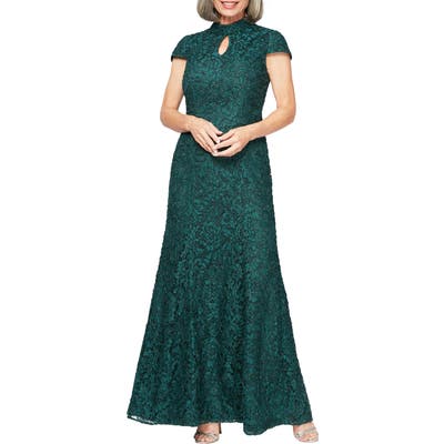 Petite Alex Evenings Mock Neck Beaded Lace Trumpet Gown, Green