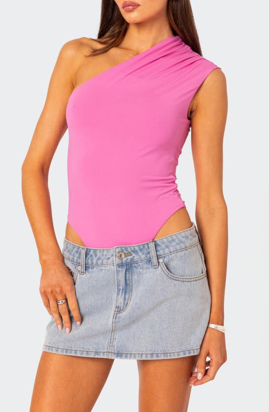 Shop Edikted Tabby Gathered One-shoulder Bodysuit In Pink