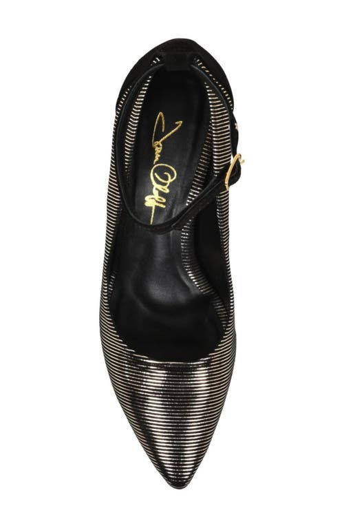 Joan Oloff Destiny Ankle Strap Pump In Striped Gold/black Suede