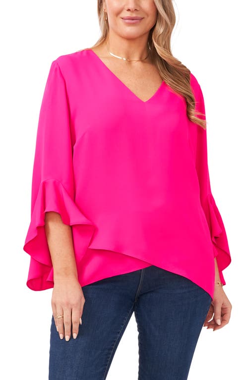 Flutter Sleeve Crossover Georgette Tunic Top in Hot Pink
