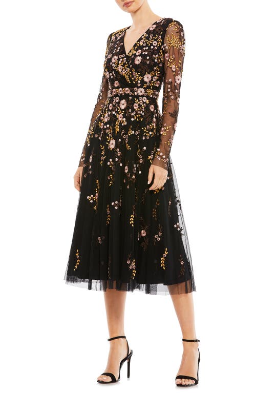 Mac Duggal Illusion Embroidered Midi Dress Black Multi at Nordstrom,