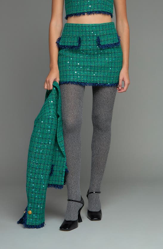 Endless Rose Premium Sequin Tweed Mini Skirt In Green/ Navy