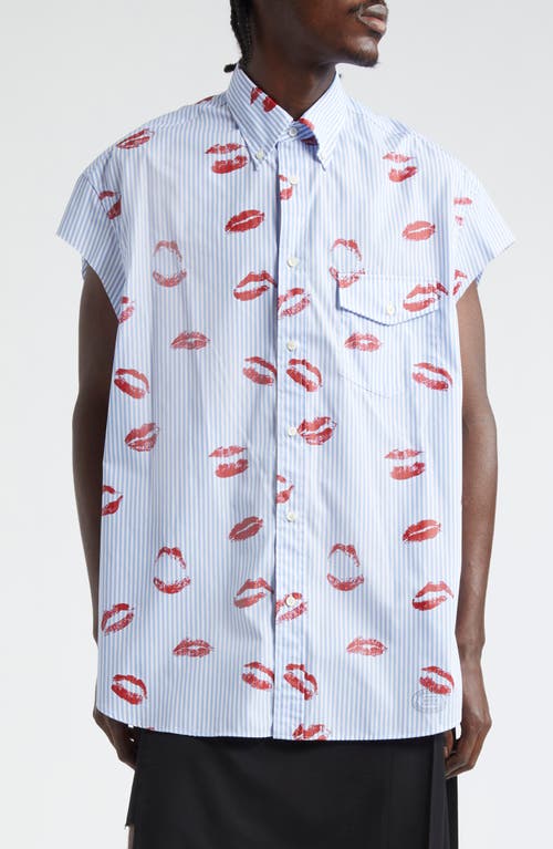 TAKAHIROMIYASHITA TheSoloist. Stripe Lips Print Cutoff Sleeve Button-Down Shirt Saxe at Nordstrom, Us