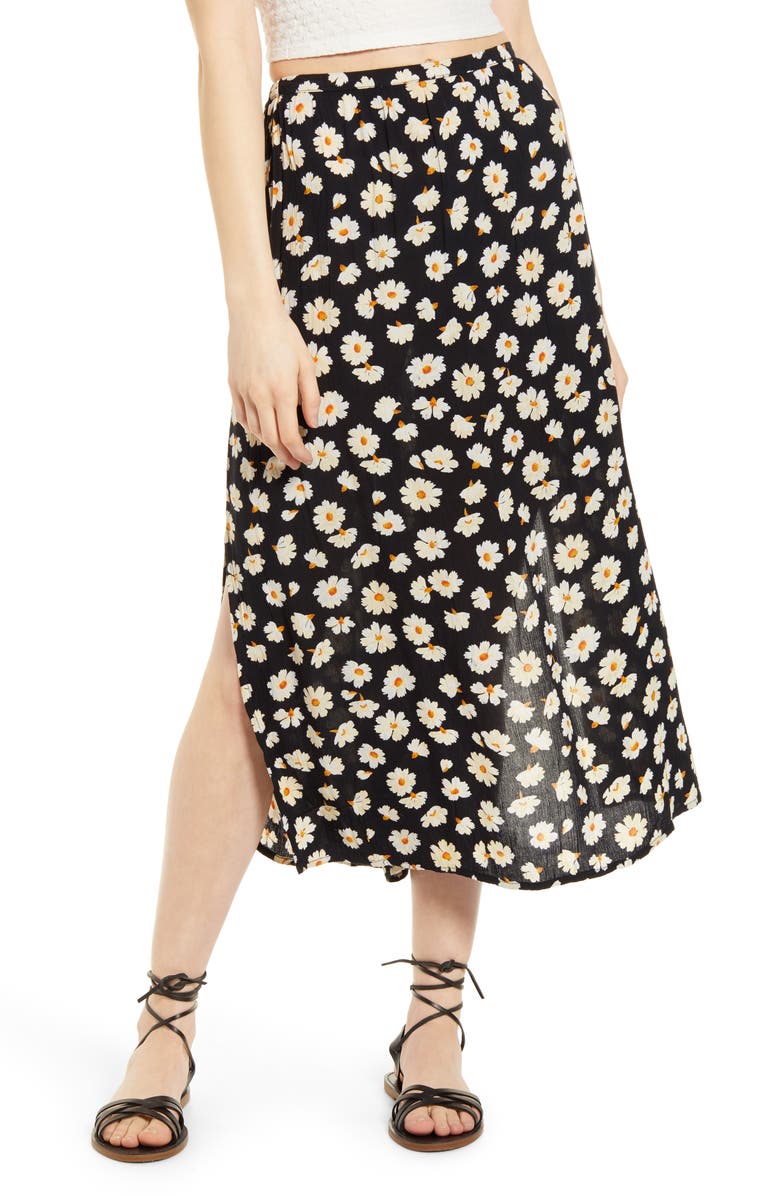 BILLABONG By the Way Floral Midi Skirt, Main, color, BLACK
