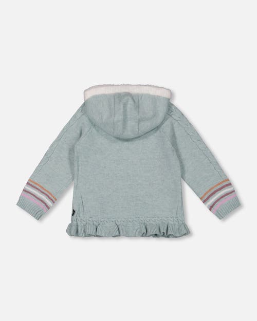 Shop Deux Par Deux Girl's Jacquard Hooded Knit Cardigan Light Turquoise In Frosty Green