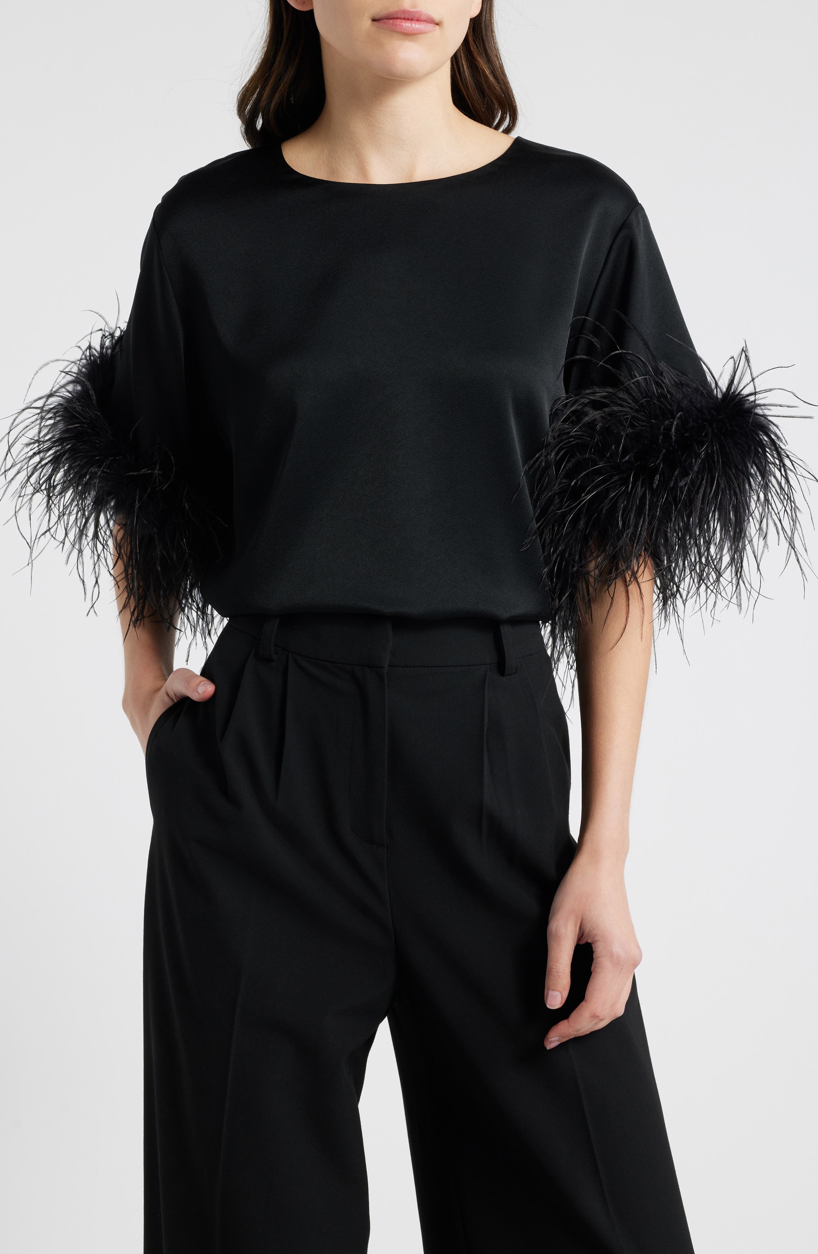 KOBI HALPERIN Feather Trim Short Sleeve Crepe Top in Black 