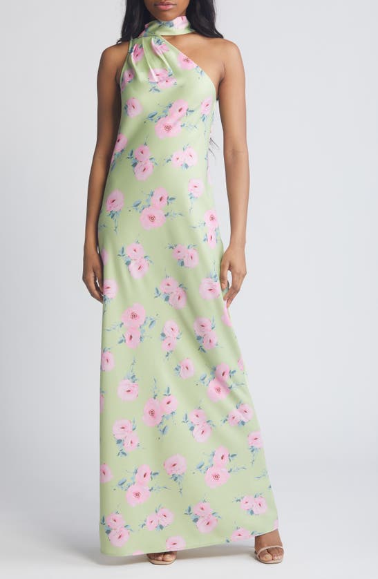 Wayf The Avery Floral One-shoulder Gown In Pistachio Floral