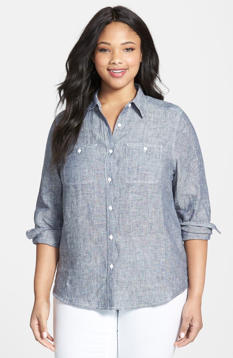 Foxcroft Shaped Linen Chambray Shirt (Plus Size) | Nordstrom