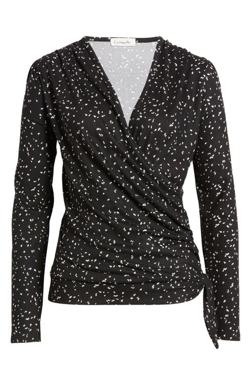 Loveappella Dot Print Faux Tie Wrap Top In Black/ Nat