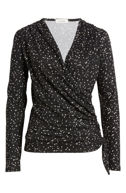 Shop Loveappella Dot Print Faux Tie Wrap Top In Black/nat