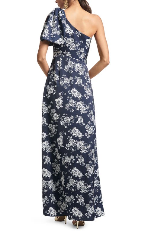 Shop Sachin & Babi Chelsea One-shoulder Gown In Navy/ivory Peony