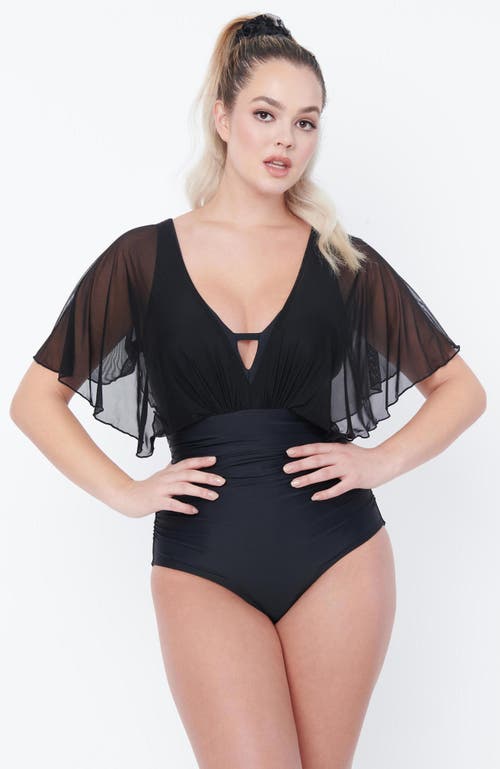 Shop Unique Vintage Mesh Butterfly Sleeve Torrey One Piece Swimsuit In Black