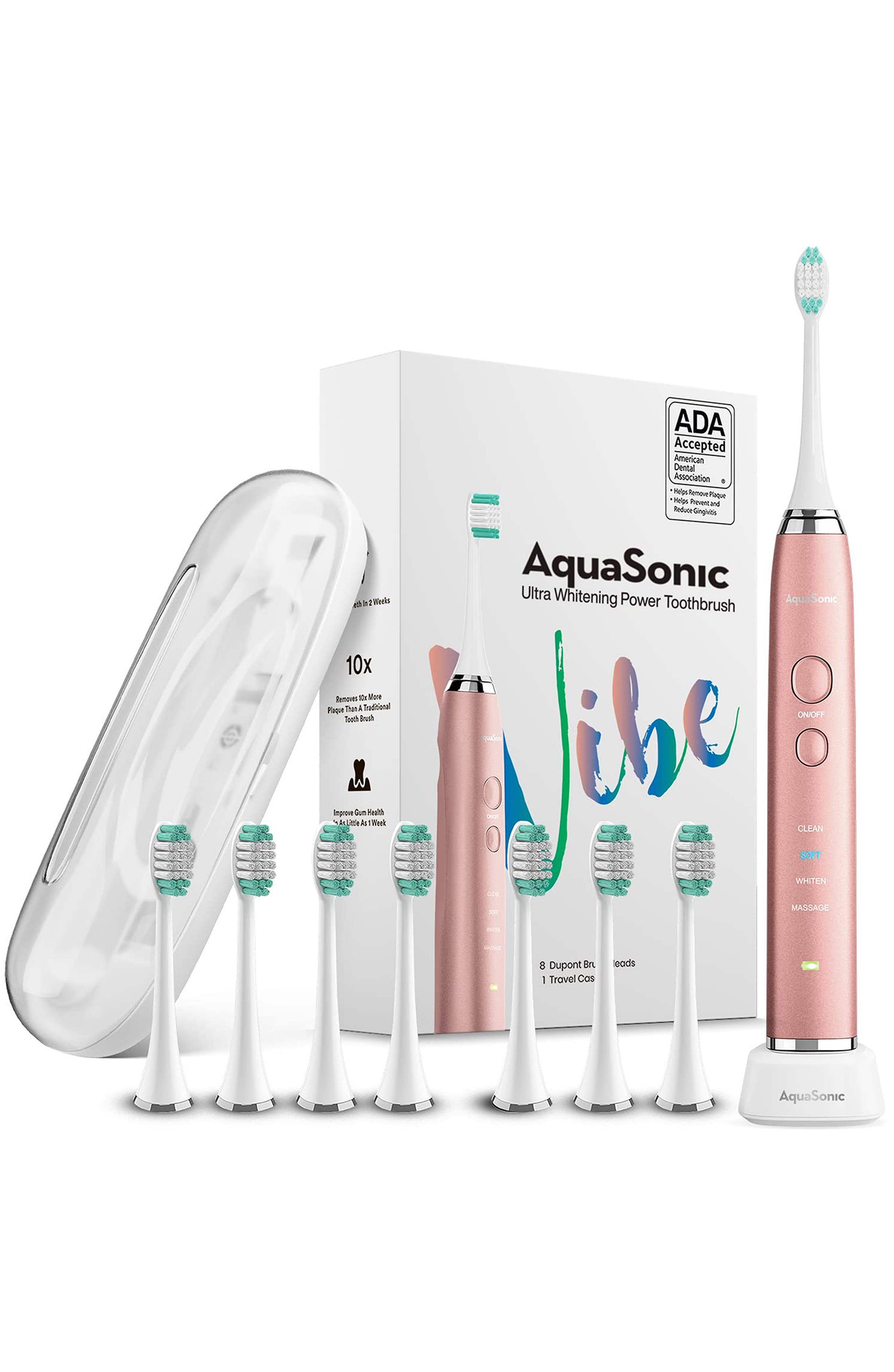 AQUASONIC VIBE Series Pink UltraSonic Whitening Toothbrush with 8