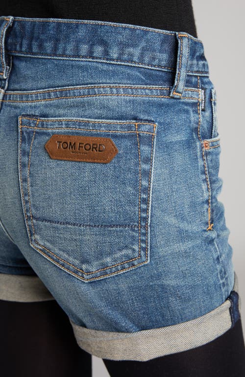 Shop Tom Ford High Waist Rolled Hem Comfort Stone Washed Denim Shorts In Hb772 Mid Blue