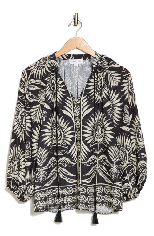 Gemma + Jane Balloon Sleeve Peasant Top In Black/eggshell