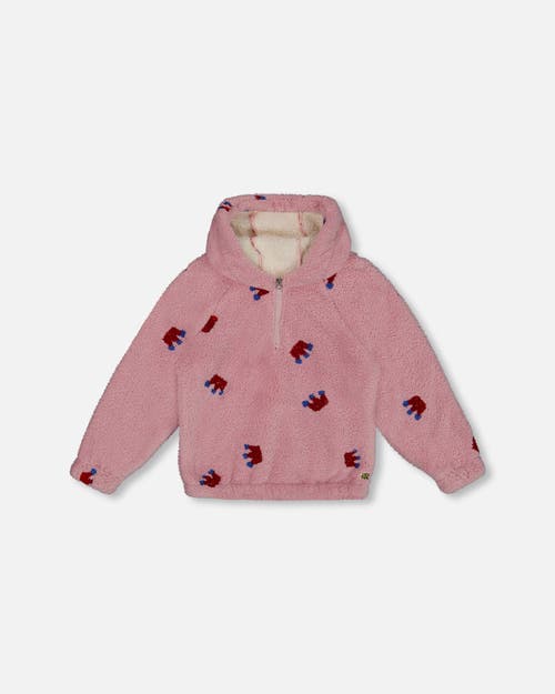 Deux Par Deux Girl's Plush Hoodie Mauve With Crown Pattern In Mauve Shadows
