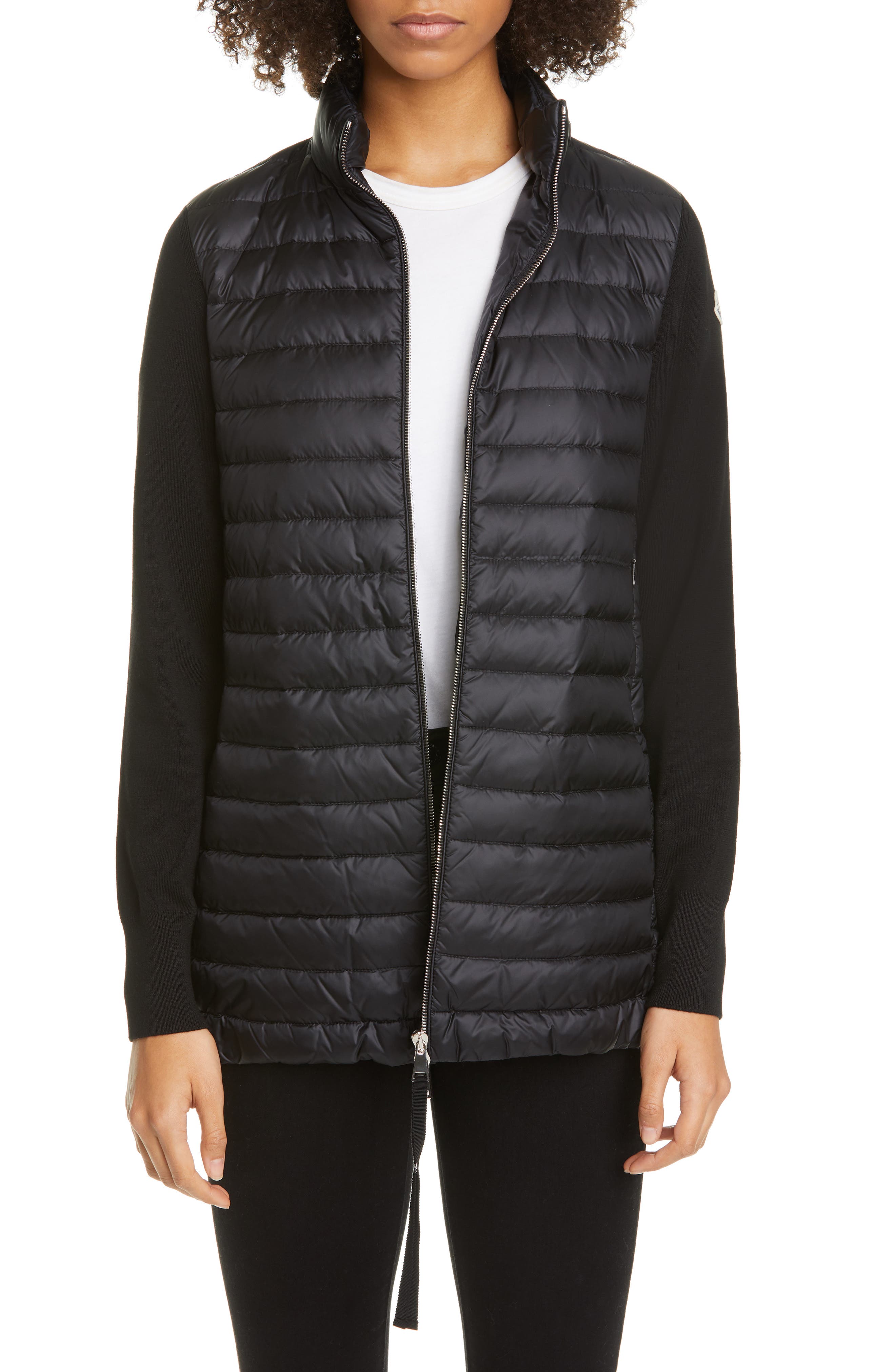 Women's Moncler Quilted Down & Wool Long Cardigan,  X-Large - Black