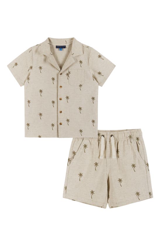 Andy & Evan Kids' Palm Camp Shirt & Shorts Set In Beige Palm Print Matching Line