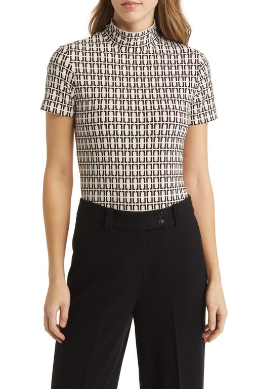 Anne Klein Geo Print Short Sleeve Mock Neck Top In Anne White/anne Black