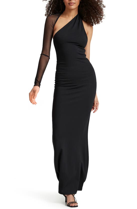 Shop Marcella Manhattan Mesh Sleeve One-shoulder Gown In Black