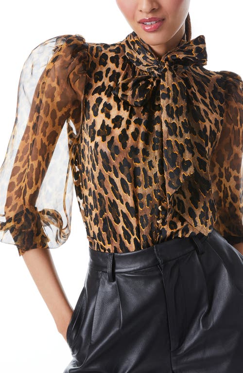 Alice + Olivia Brentley Leopard Print Tie Neck Sheer Sleeve Blouse in Spotted Leopard Dark Tan