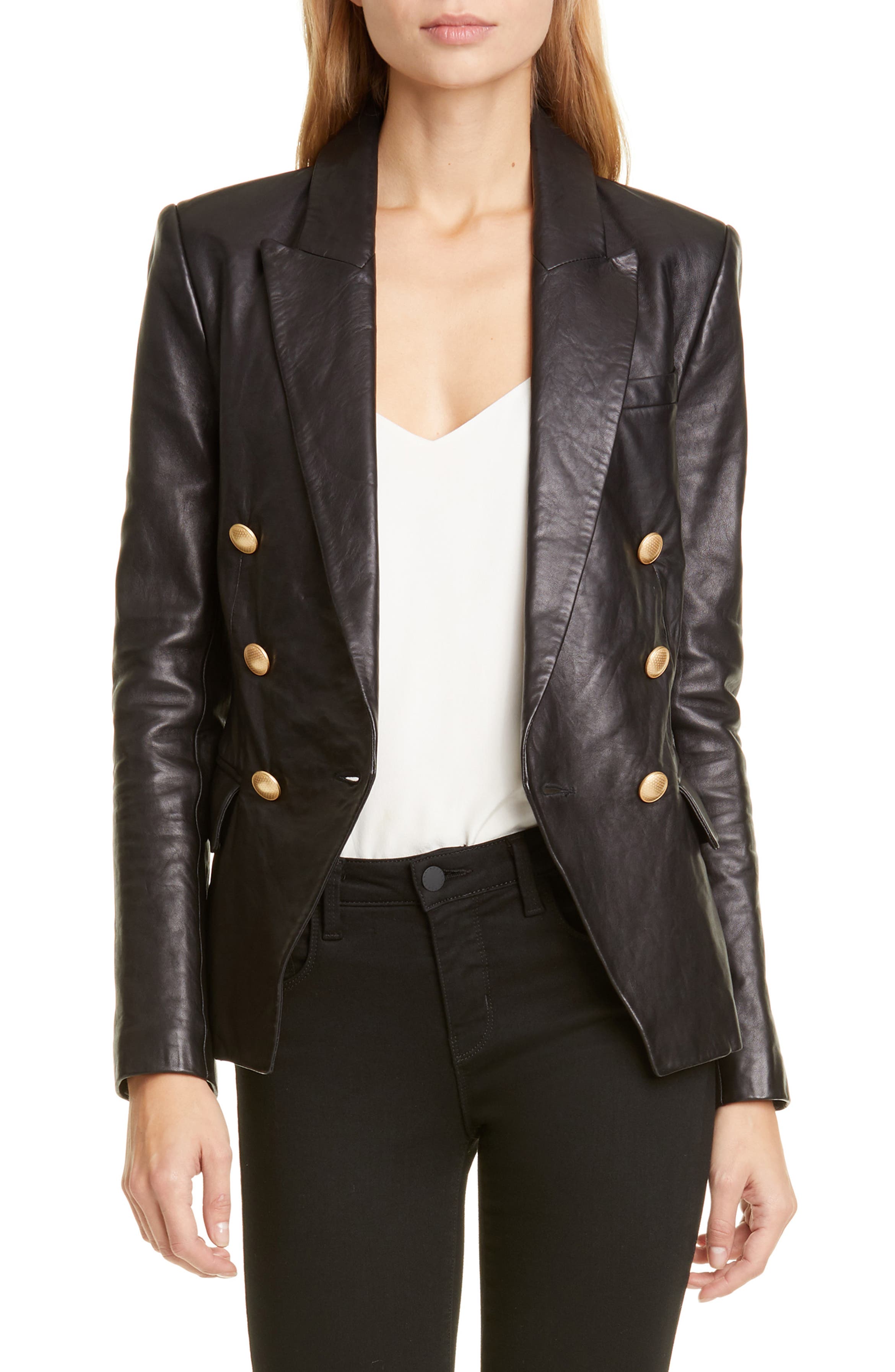 L'AGENCE Kenzie Double Breasted Leather Blazer | Nordstrom
