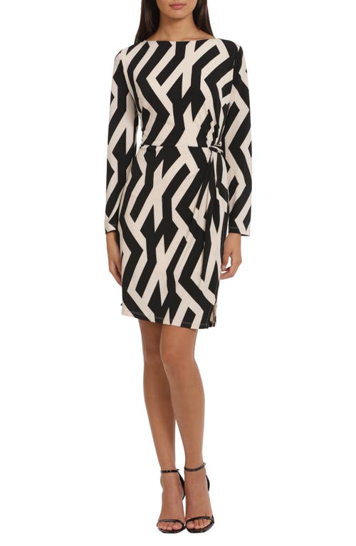 Shop Donna Morgan For Maggy Print Long Sleeve Twisted Waist Dress In Black/beige