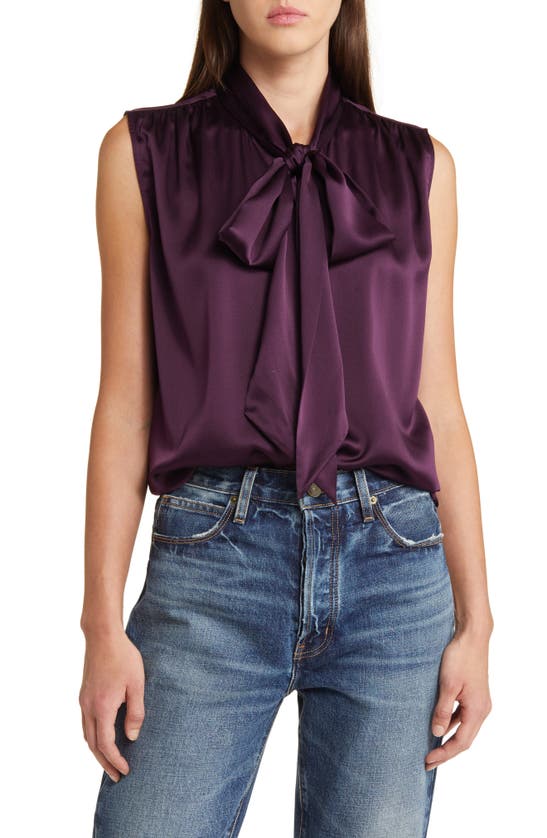 Frame Sleeveless Tie-neck Blouse In Plum
