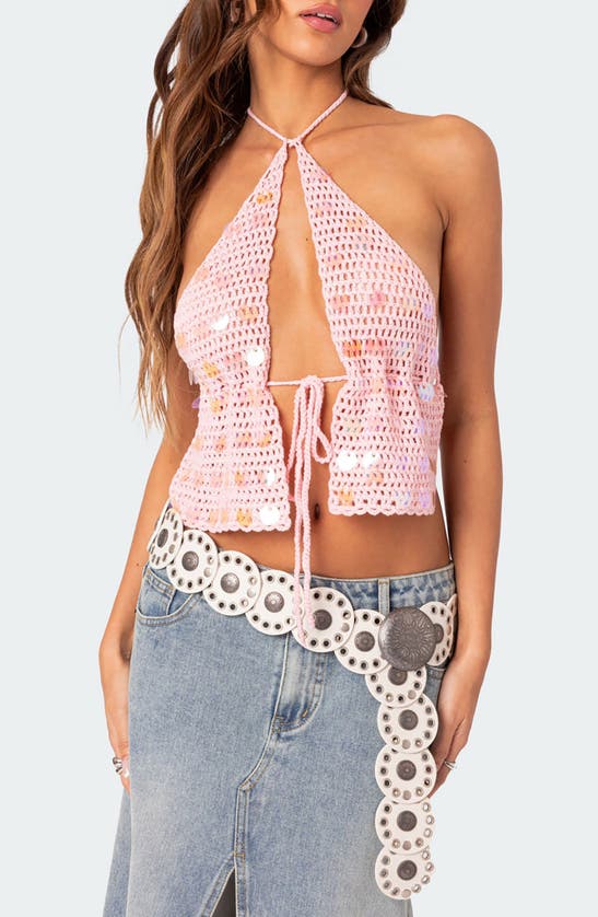 Shop Edikted Backless Paillette Crochet Halter Top In Pink