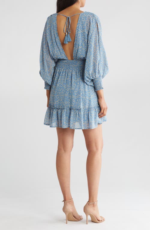 Shop Lovestitch Split Smocked Sleeve Minidress In Dusty Blue/natural