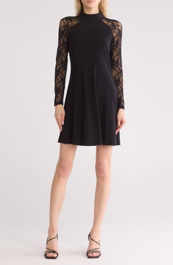 Tash And Sophie Sheer Long Sleeve Lace Dress In Black/black