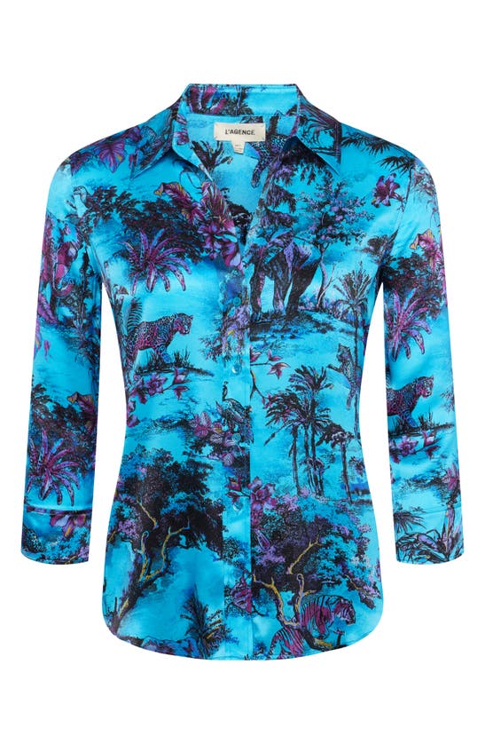 Shop L Agence Dani Jungle Print Silk Shirt In Blue Multi Jungle