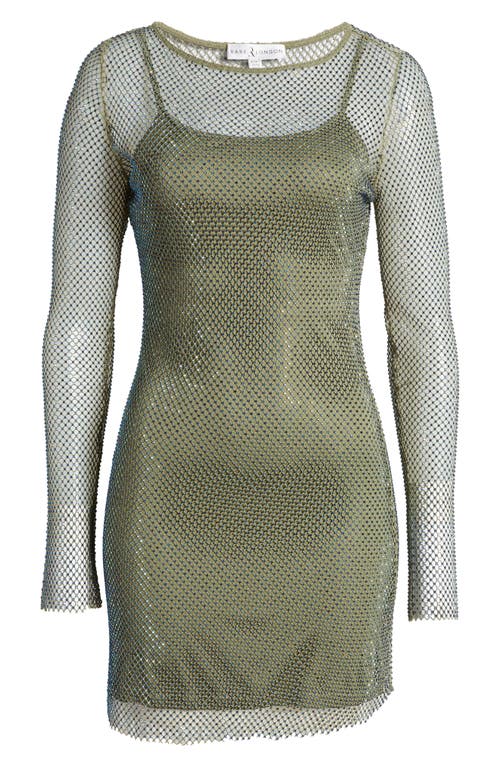 Shop Rare London Diamante Mesh Long Sleeve Minidress In Khaki