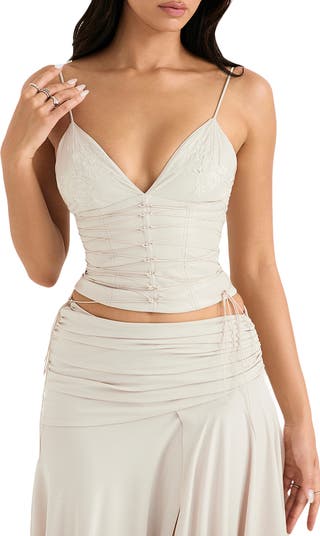 Cream Woven Ruched Lace Up Corset Top