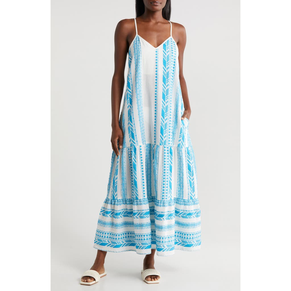 Elan Embroidered Tiered Cotton Blend Cover-up Maxi Dress In White/blue Print