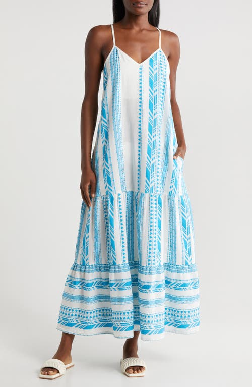 Embroidered Tiered Cotton Blend Cover-Up Maxi Dress in White/Blue Print