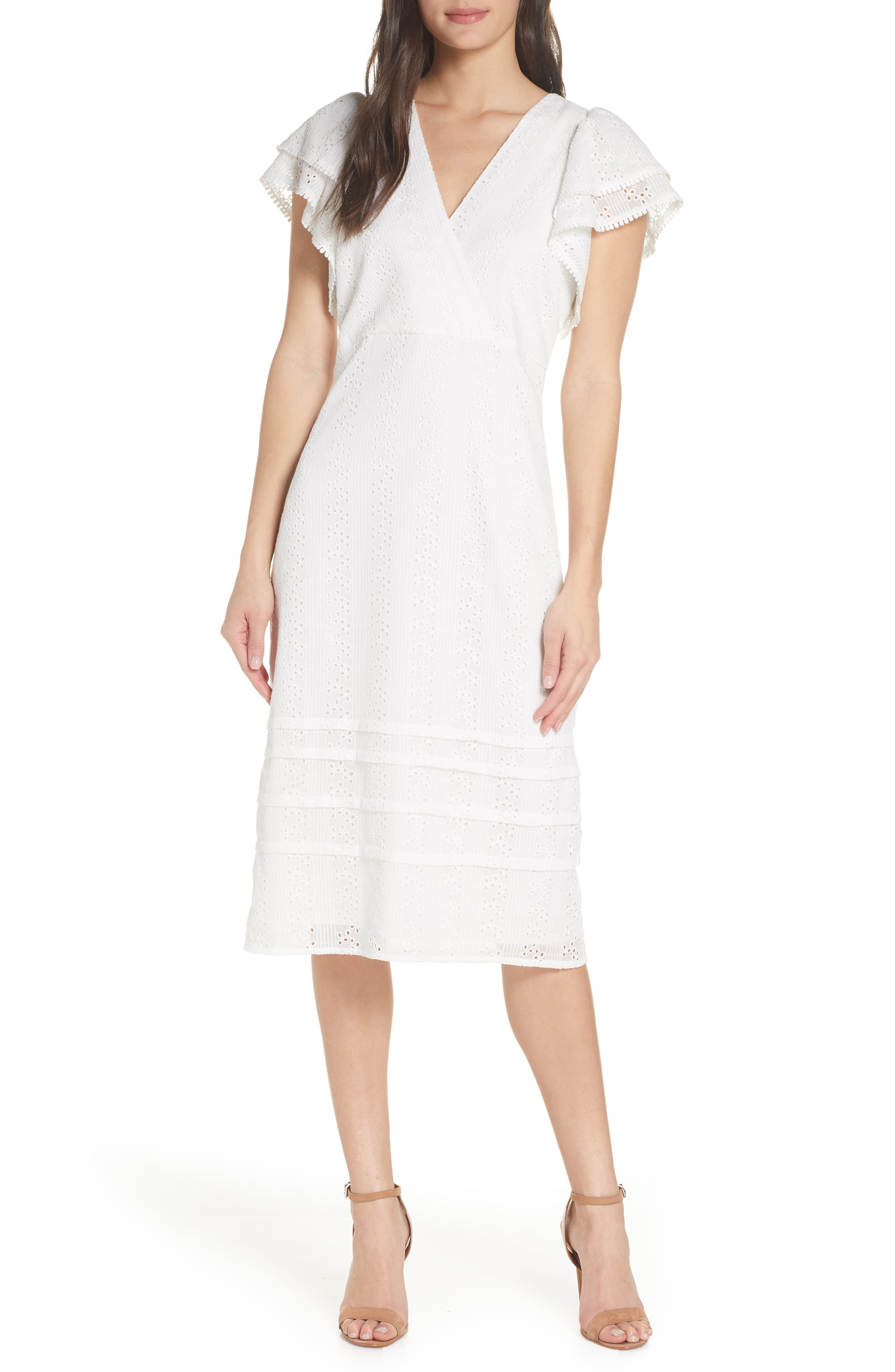 Chelsea28 Eyelet Flutter Sleeve Dress, White