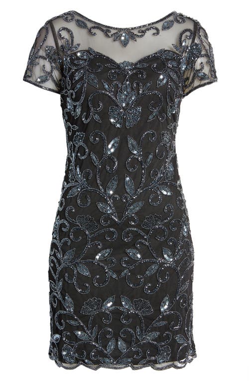 Pisarro Nights Illusion Beaded Cocktail Dress In Black/gun