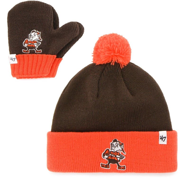 47 Babies' Infant ' Brown/orange Cleveland Browns Team Bam Bam Cuffed Knit Hat With Pom And Mittens Set