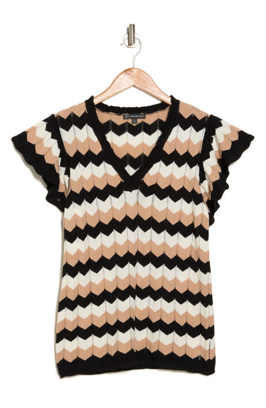 Shop Adrianna Papell Zigzag Stripe Short Sleeve Pointelle Sweater In Black/ Latte/ Latte